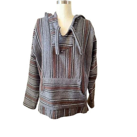 Miguel Geraldo Baja Hoodie Sweater Pullover Striped Mexican Jacket M Gray Brown - Picture 1 of 6
